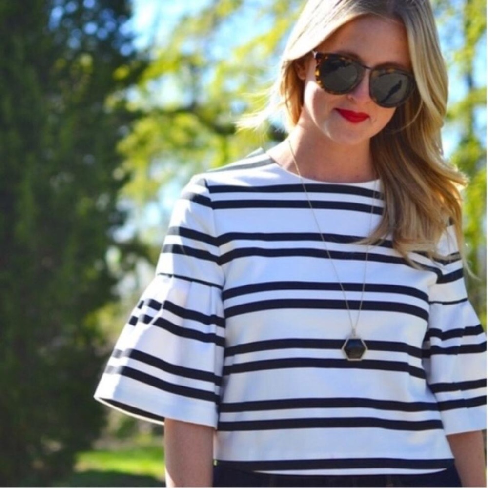 Zara Cropped Striped Black White Top Round Neck Bell Sleeves--Size Small